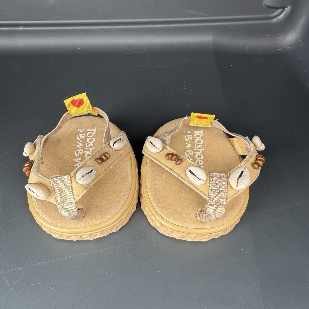 VTG Limited Too Build A Bear Tooshoes Tan Sandals Puka Shell Flip Flops Teddy